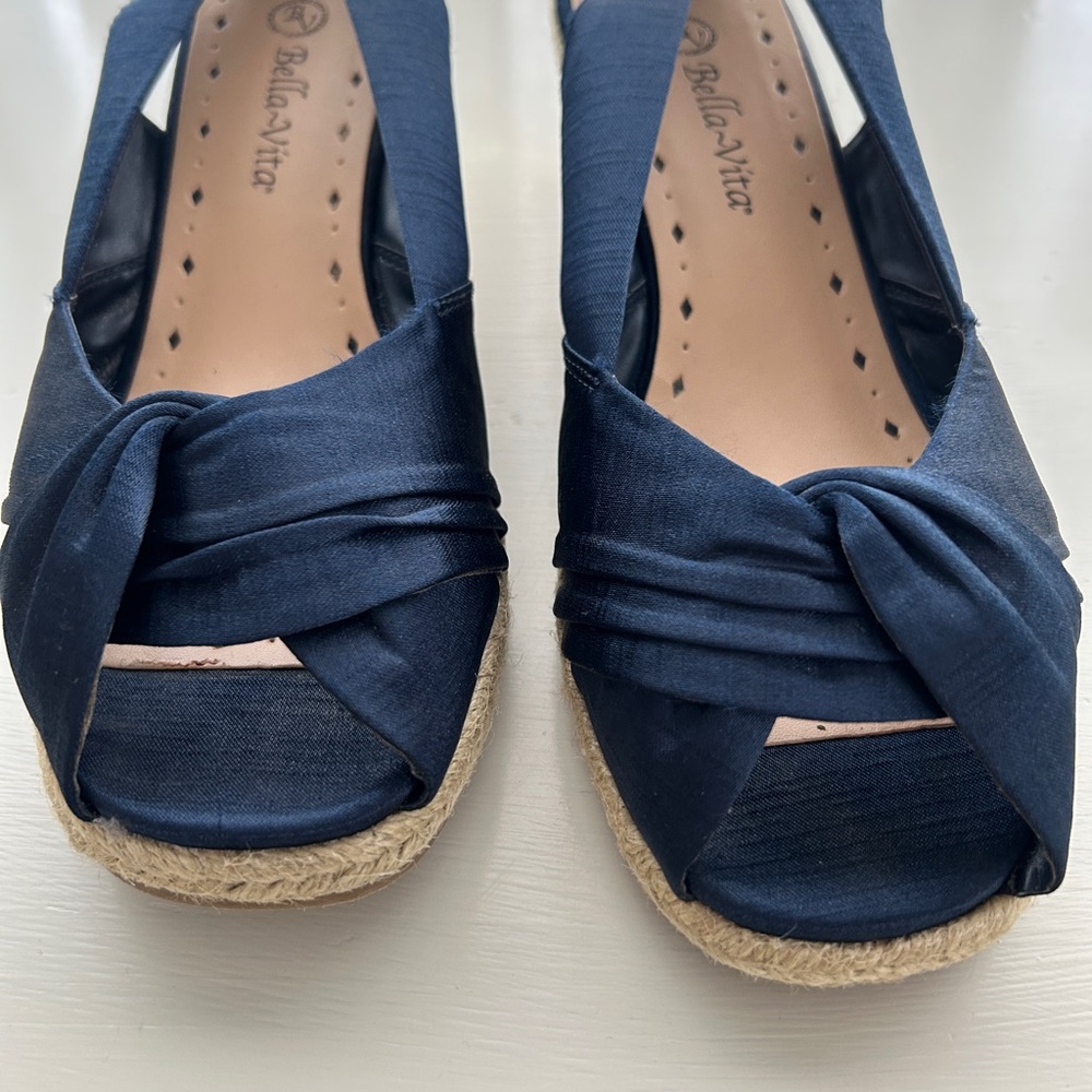 Bella Vita Navy Twisted Peep-Toe Espadrille Wedges